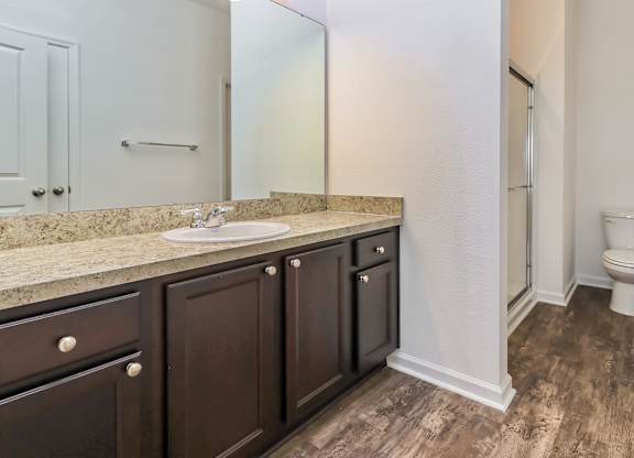 A bathroom with a marble countertop and dark wood cabinets.