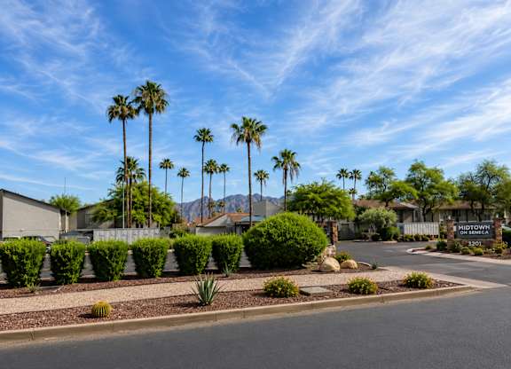 A street view of a residential area with palm trees and a sign that reads "Midtown.".