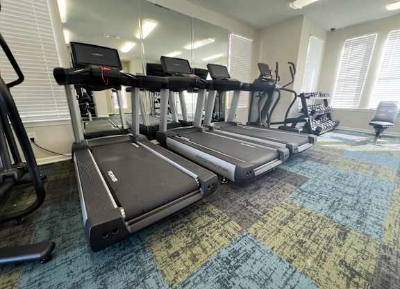 A gym with treadmills and elliptical machines.