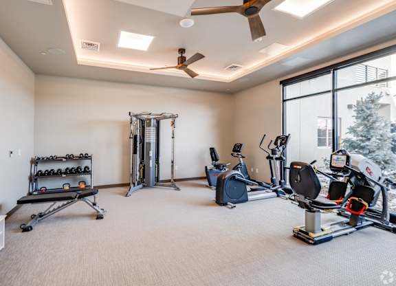 High-End Apartments in Greeley, CO - The Shelby - Fitness Center with Carpeting, Free Weights, Workout Bench, Weight Training Machine, Cardio Equipment, Two Ceiling Fans, and Floor-to-Ceiling Windows.