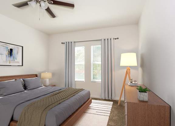 A bedroom with a bed, a nightstand, a lamp, and a painting on the wall.