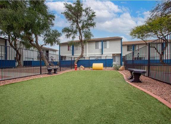 Leash-free bark park with agility features at Midtown on Seneca, a pet-friendly apartment community near East Central Tucson, Tucson, AZ.