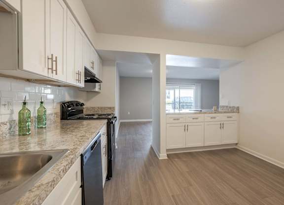A kitchen with a sink, stove, and cabinets.