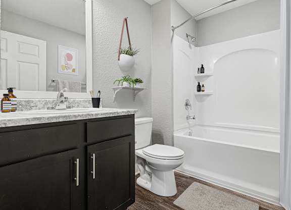 Pet-Friendly Rentals in Sevierville, TN – Overlook at Allensville – A white toilet sits next to a white bathtub in a bathroom.