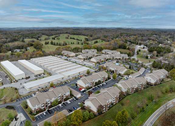 Pet-Friendly Rentals in Sevierville, TN – Overlook at Allensville – An aerial view of a large building complex surrounded by our apartment buildings.