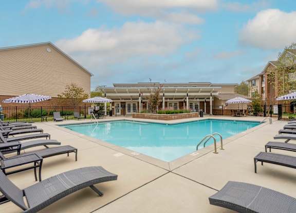 Pet-Friendly Rentals in Sevierville, TN – Overlook at Allensville – A pool surrounded by sun loungers and umbrellas.