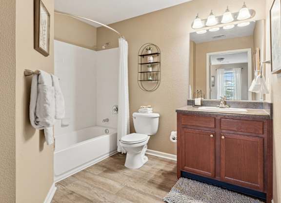 Apartments in Sevierville for Rent – Overlook at Allensville - A bathroom with a toilet, sink, and mirror.