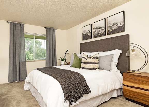 Bedroom interior at Trailgrove Apartments in Southeast Denver featuring bright natural light and clean design.