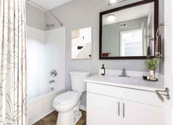Reserve at Providence Apartment in Charlotte NC photo of a bathroom with a white toilet next to a white bathtub and a white sink