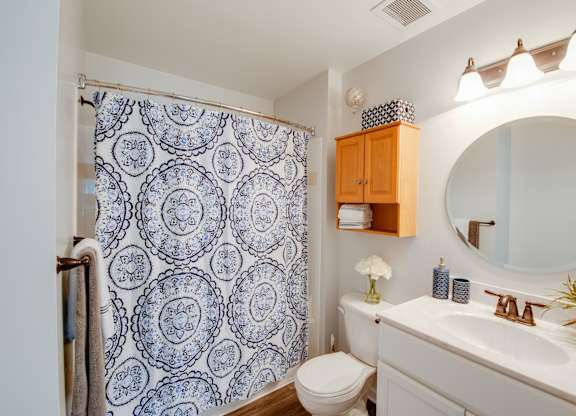A bathroom with a blue and white shower curtain.