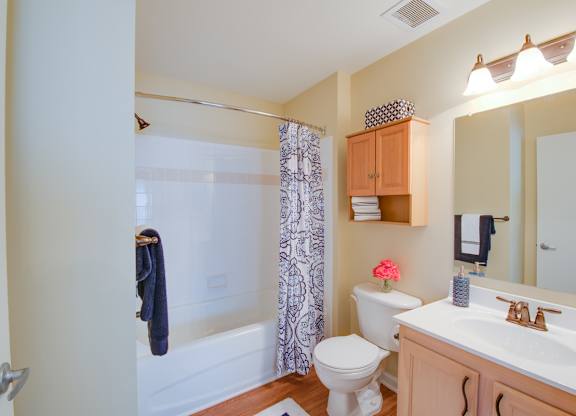 A bathroom with a toilet, sink, and shower.