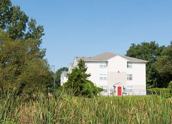 A white house with a red door is surrounded by greenery.