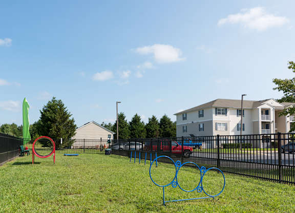 A playground with a green slide and a red circle in the middle of the grass.