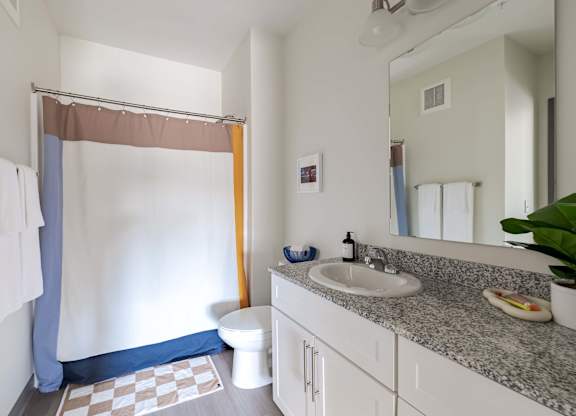 A bathroom with a white toilet, sink, and shower curtain.