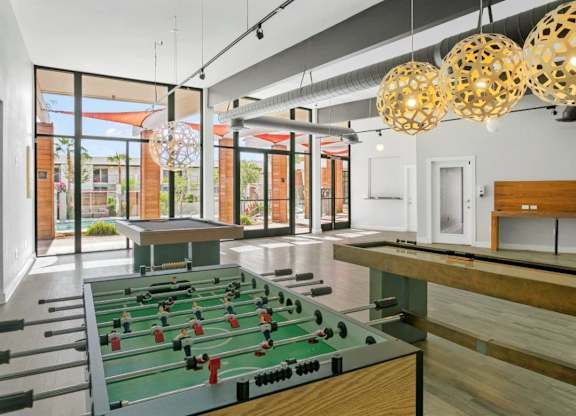 Community game and entertainment room at Sentry Tempe apartments in Tempe near Mesa, Arizona