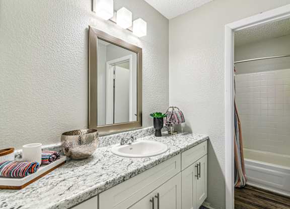 A bathroom with a marble countertop and a large mirror.
