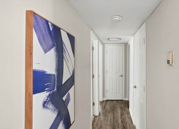 A hallway with a white door and a blue and white painting on the wall.