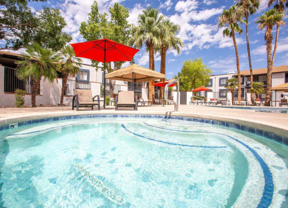 Pet-Friendly Apartments in Tucson, AZ - Peaks at Redington - Soothing Spa Surrounded By Lounge Chairs, Umbrellas, Palm Trees Next to the Swimming Pool