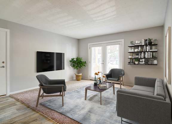 “Bright living area with ample space for relaxing and entertaining in a pet-friendly home at Stratford Ridge Apartments in Marietta, Georgia.