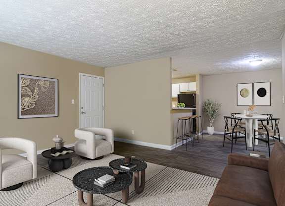 A living room with a brown couch, a coffee table, and a dining table with chairs.