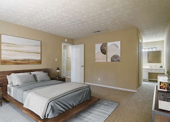 Generously sized bedroom offering plenty of space for furniture and comfortable living in a pet-friendly apartment at Stratford Ridge Apartments in Marietta, GA.