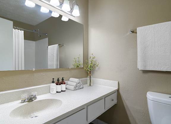 Modern bathroom with granite countertops, sleek fixtures, and ample lighting in a pet-friendly apartment at Stratford Ridge Apartments in Marietta, GA.