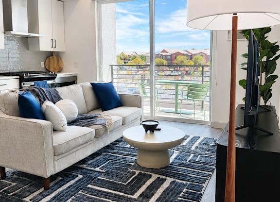 A living room with a white couch and a black and white rug.