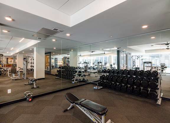 A gym with a variety of equipment including weights and cardio machines.