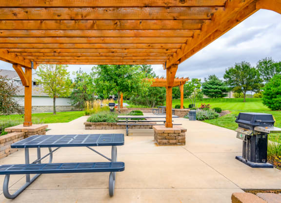 a picnic area with a table and a grill