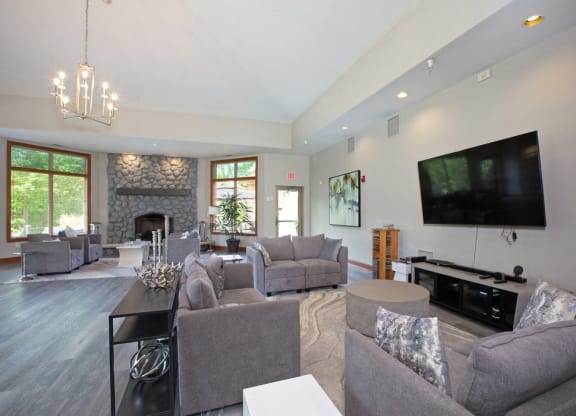 Laurel East End Apartments in Golden Valley, MN photo of a living room with couches and a tv and a fireplace