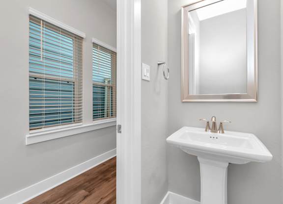 a bathroom with a sink and mirror
