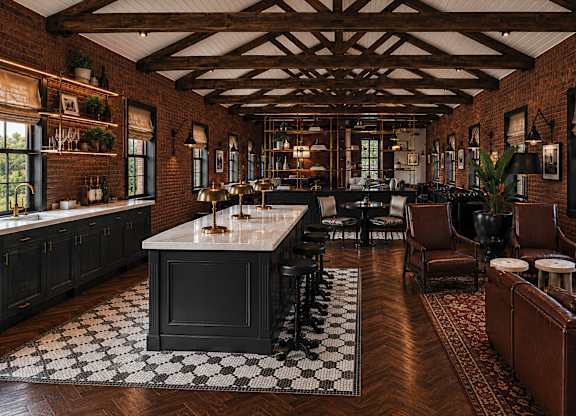 A kitchen with a black and white checkered floor.