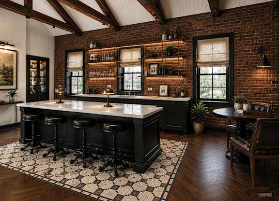 A bar area with a brick wall and a long counter.