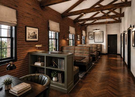 A room with a brick wall and wooden floors.