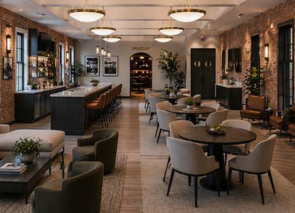 A modern dining room with a long table and chairs.