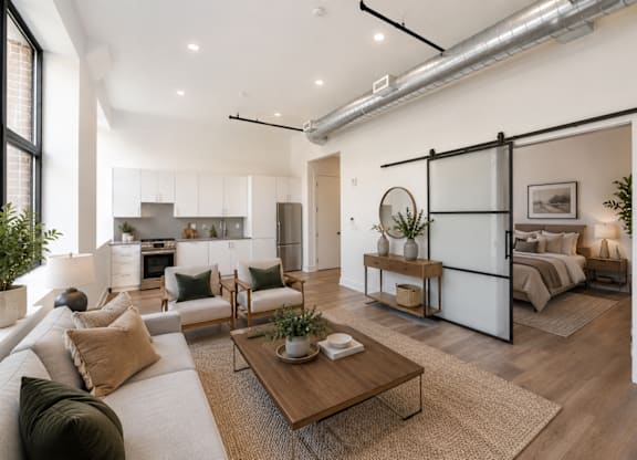 A modern living room with a large sofa, a coffee table, and a bedroom in the background.