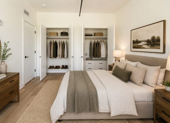 A bedroom with a large bed and a wardrobe with clothes hanging on it.