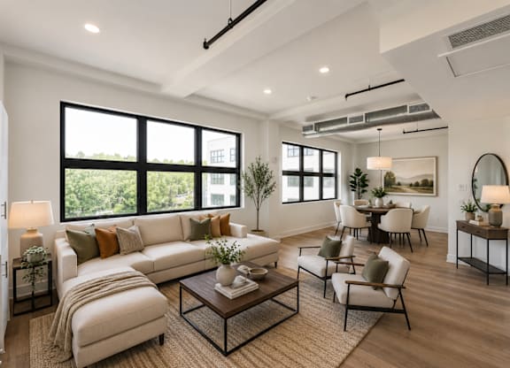 A well-lit, modern living room with a large window and a variety of furniture.