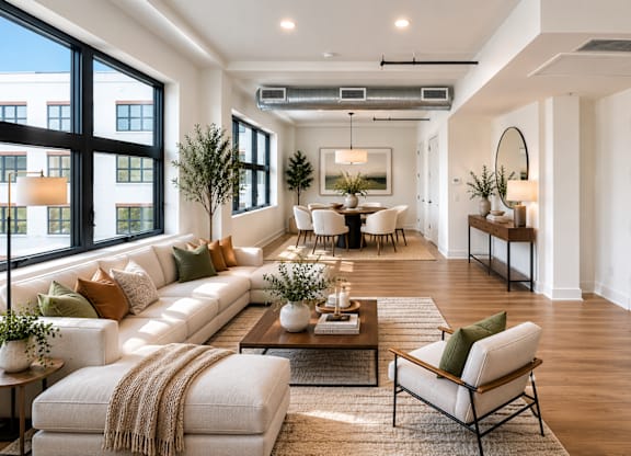 A well-lit, modern living room with a large white sofa and a coffee table.