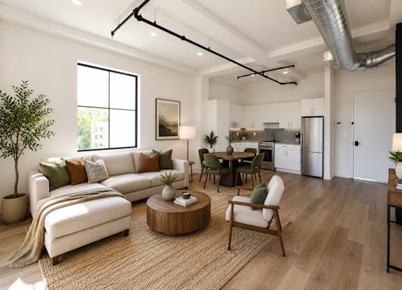 A modern living room with a white sofa, wooden coffee table, and a rug on the floor.