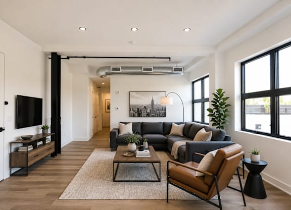 A modern living room with a large couch, a coffee table, and a flat-screen TV.