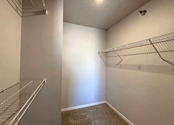A walk-in closet with a carpeted floor and metal shelving.
