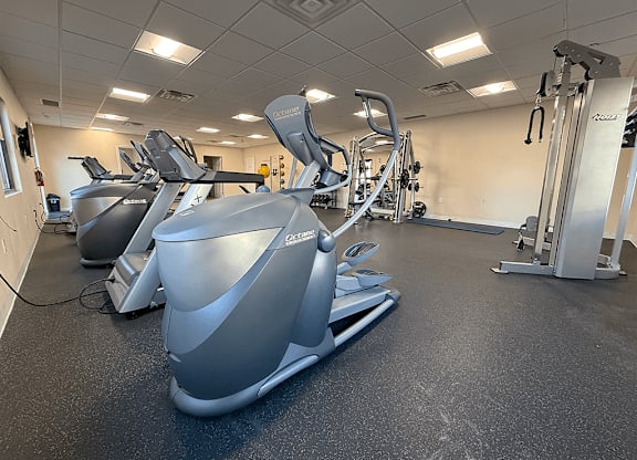 A gym with treadmills and elliptical machines.