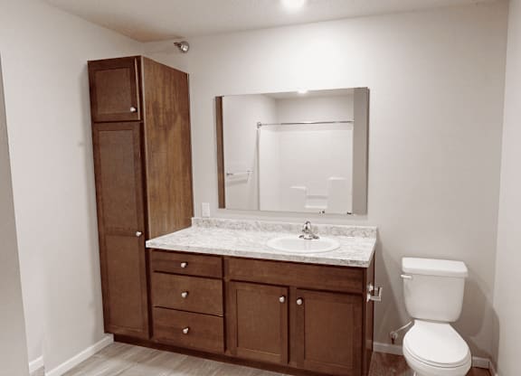 A bathroom with a toilet, sink, and medicine cabinet.