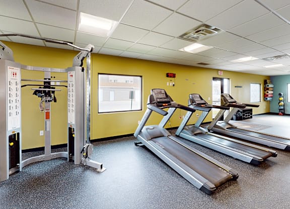 A gym with treadmills and other exercise equipment.
