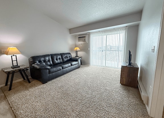 A black leather couch sits in a living room with a carpeted floor and a window with blinds.