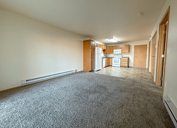 A spacious room with a carpeted floor and a kitchen area in the background.