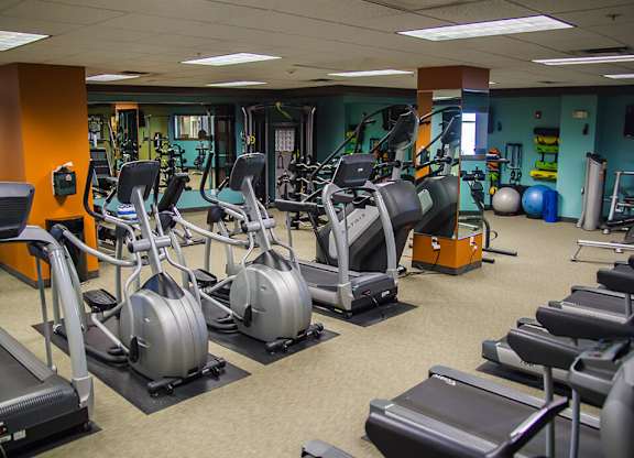 a room filled with cardio equipment and weights