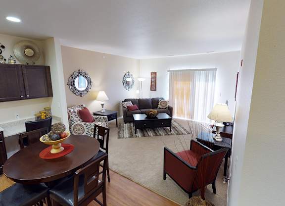 a living room with a couch and a table