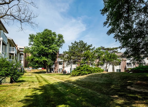 a grassy area with trees and apartments
